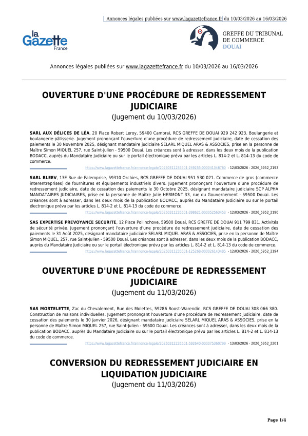 Annonces légales publiées du 10/03/2026 au 16/03/2026