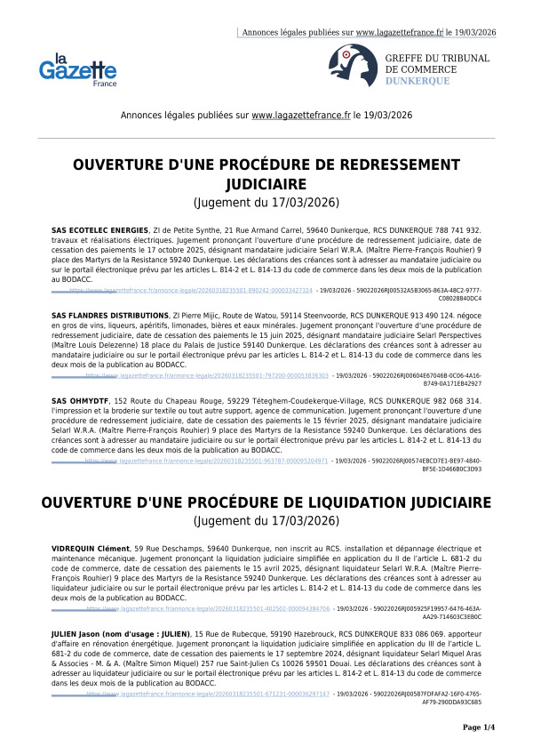 Annonces légales publiées le 19/03/2026