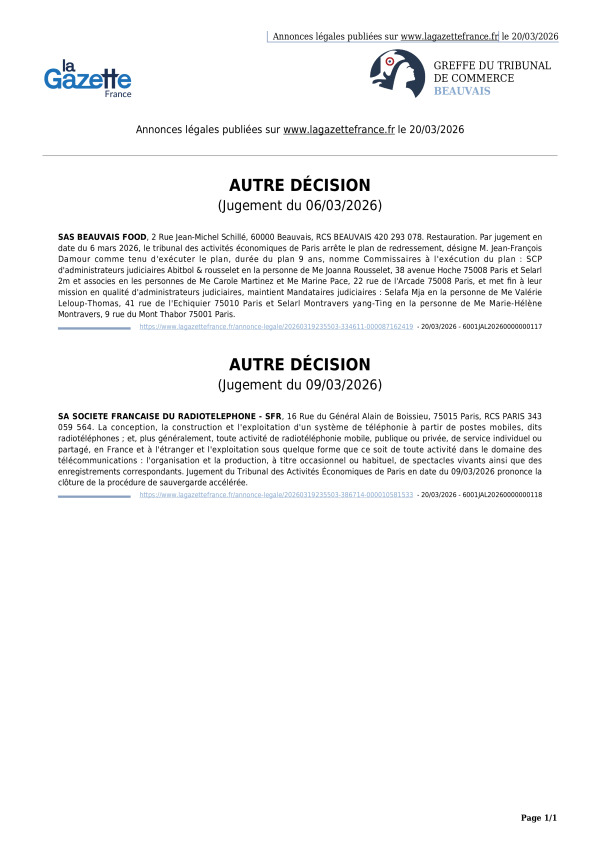 Annonces légales publiées le 20/03/2026