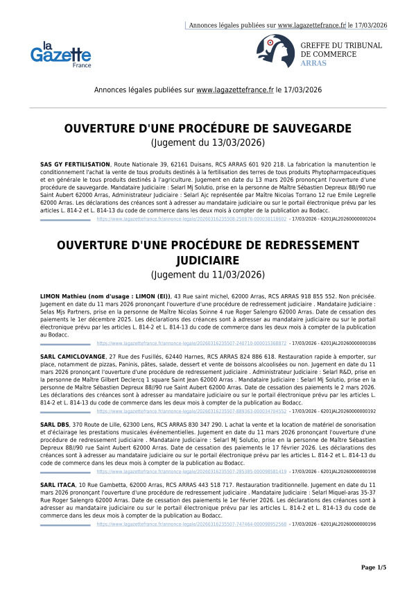 Annonces légales publiées le 17/03/2026
