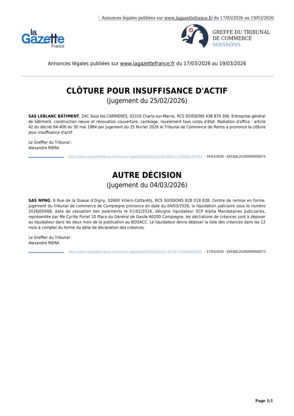 Annonces légales publiées du 17/03/2026 au 19/03/2026