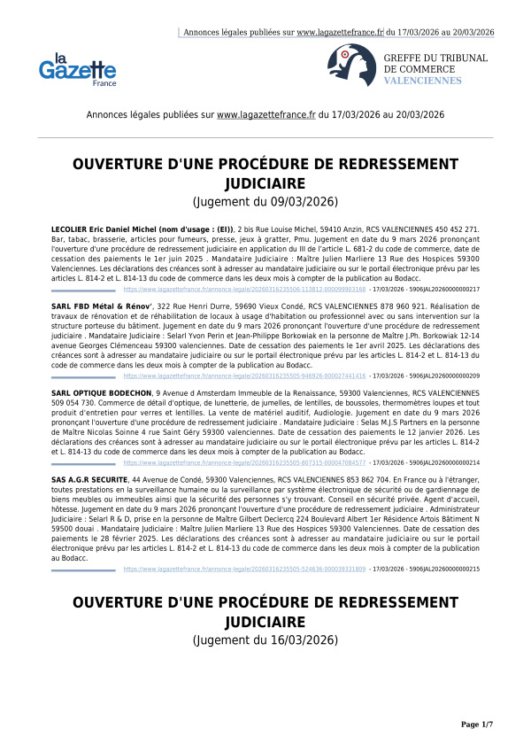 Annonces légales publiées du 17/03/2026 au 20/03/2026