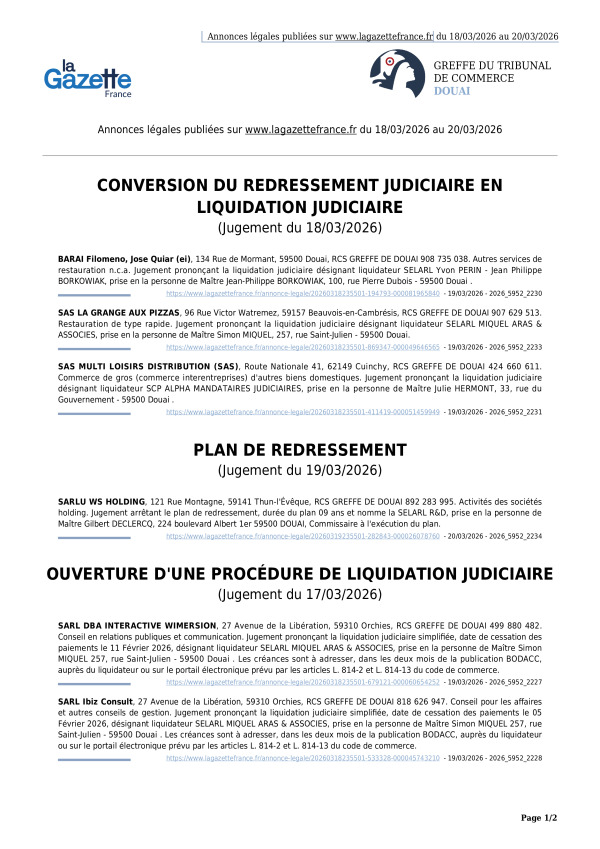 Annonces légales publiées du 18/03/2026 au 20/03/2026
