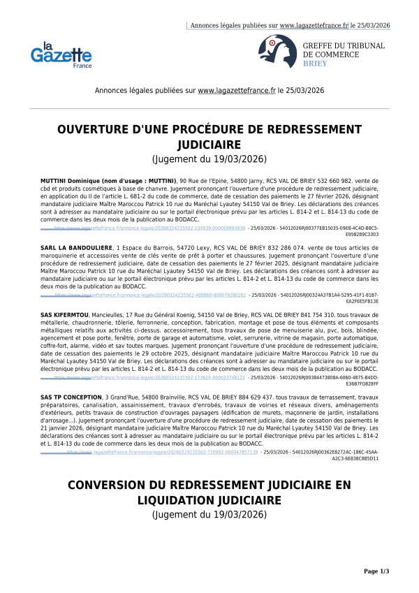 Annonces légales publiées le 25/03/2026