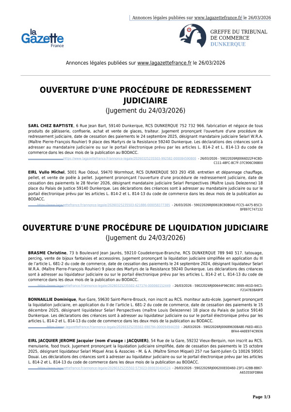 Annonces légales publiées le 26/03/2026