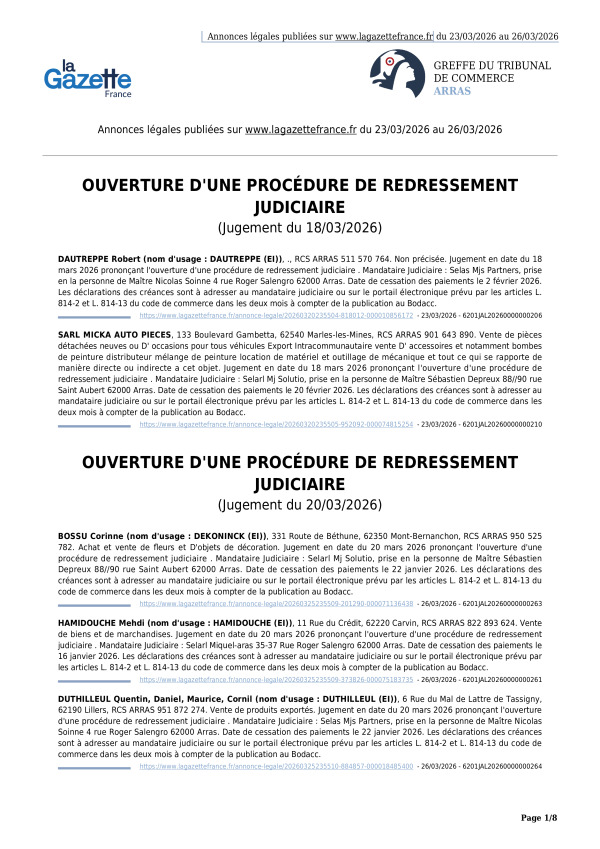 Annonces légales publiées du 23/03/2026 au 26/03/2026