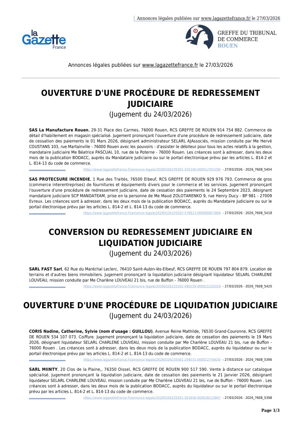 Annonces légales publiées le 27/03/2026