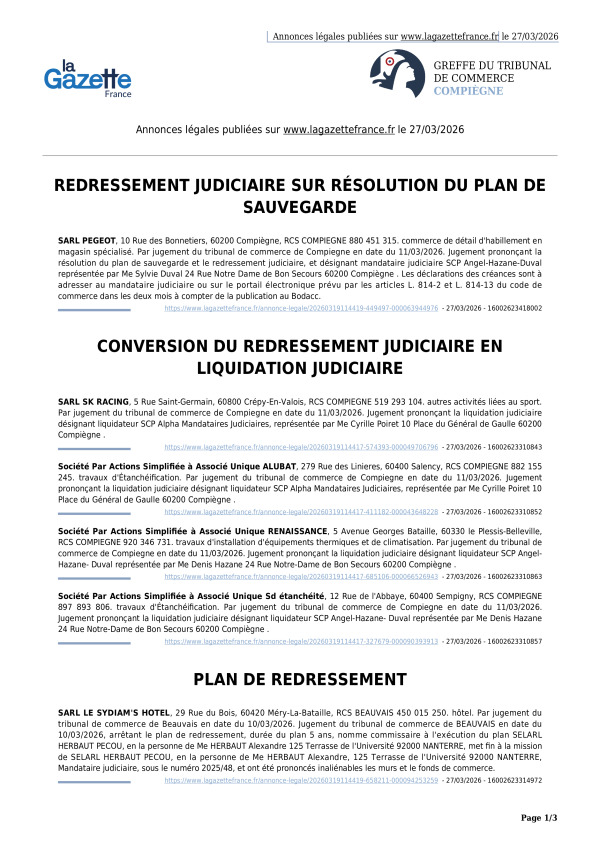 Annonces légales publiées le 27/03/2026