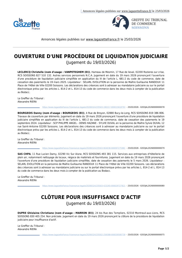 Annonces légales publiées le 25/03/2026