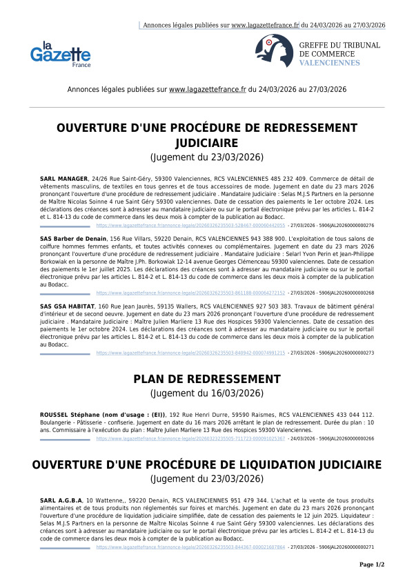 Annonces légales publiées du 24/03/2026 au 27/03/2026