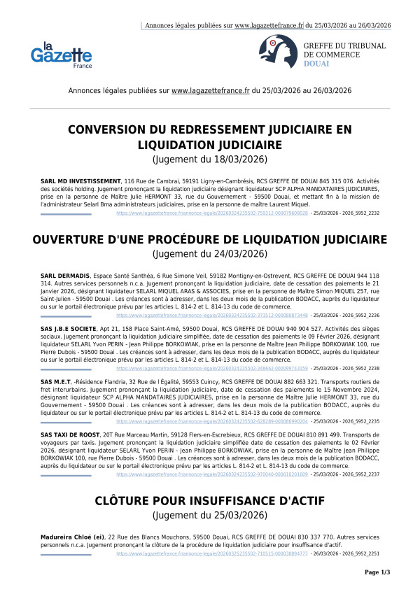 Annonces légales publiées du 25/03/2026 au 26/03/2026