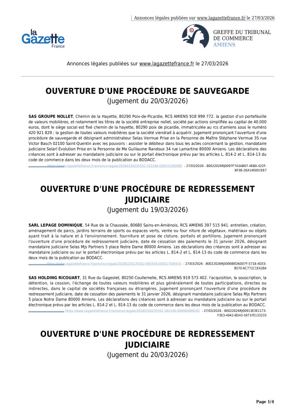 Annonces légales publiées le 27/03/2026