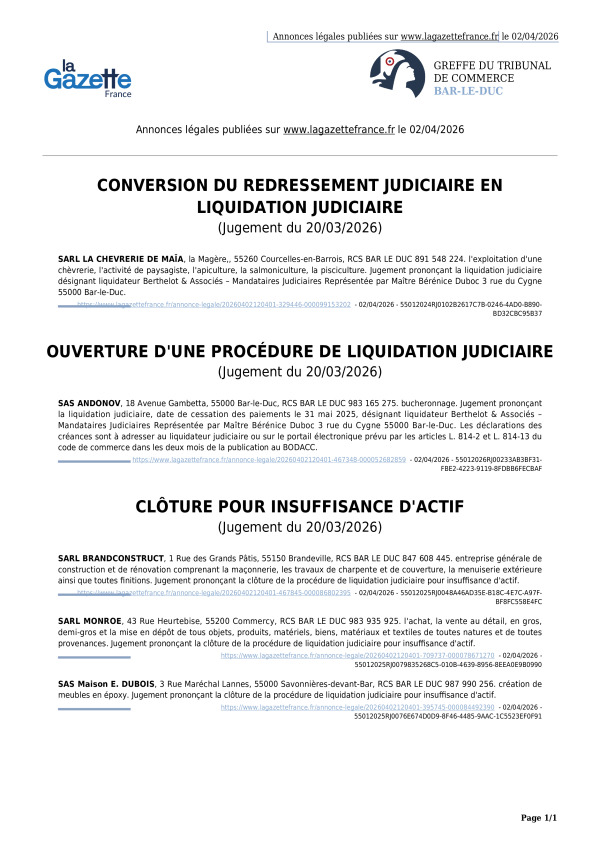 Annonces légales publiées le 02/04/2026