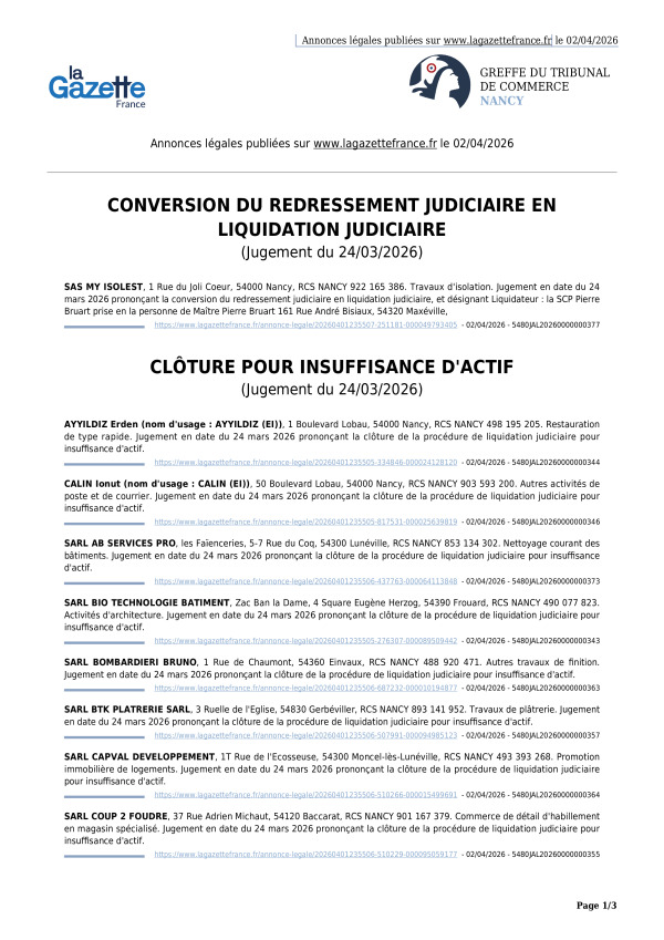 Annonces légales publiées le 02/04/2026