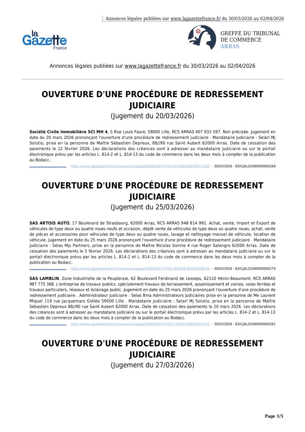 Annonces légales publiées du 30/03/2026 au 02/04/2026