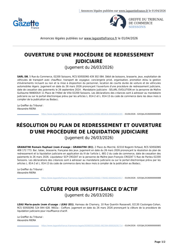 Annonces légales publiées le 01/04/2026