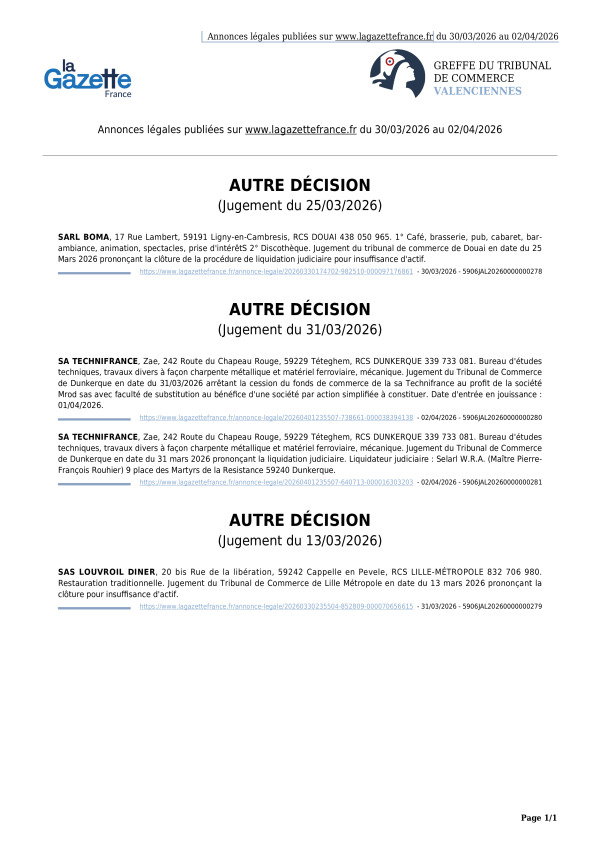 Annonces légales publiées du 30/03/2026 au 02/04/2026