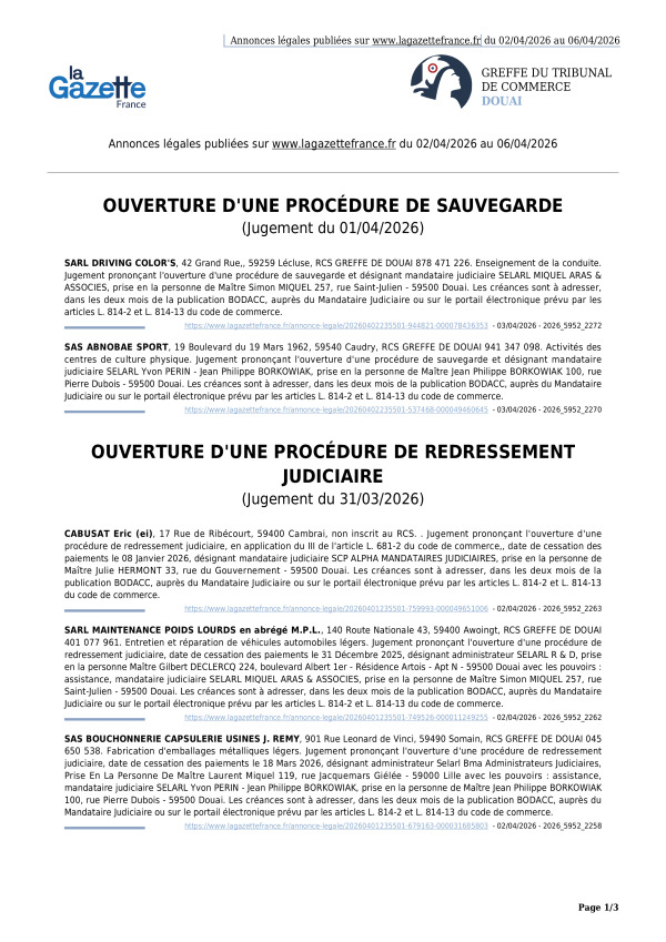 Annonces légales publiées du 02/04/2026 au 06/04/2026