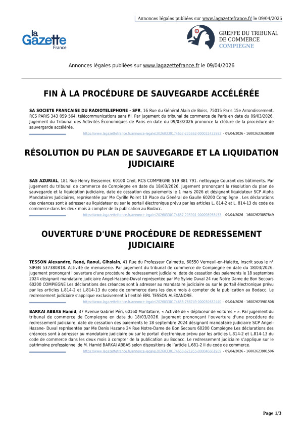 Annonces légales publiées le 09/04/2026