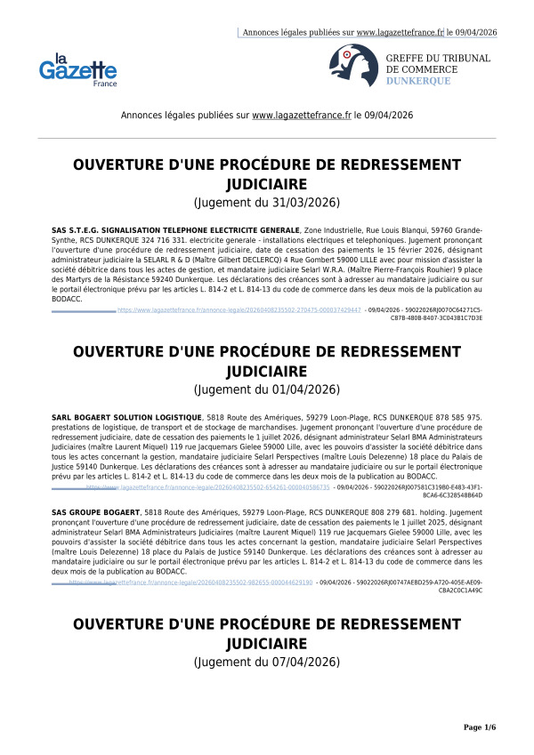 Annonces légales publiées le 09/04/2026