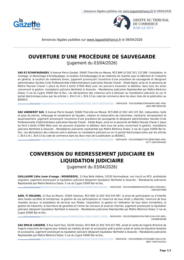 Annonces légales publiées le 09/04/2026