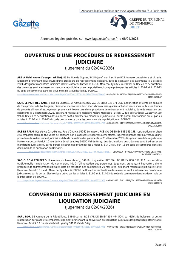 Annonces légales publiées le 08/04/2026