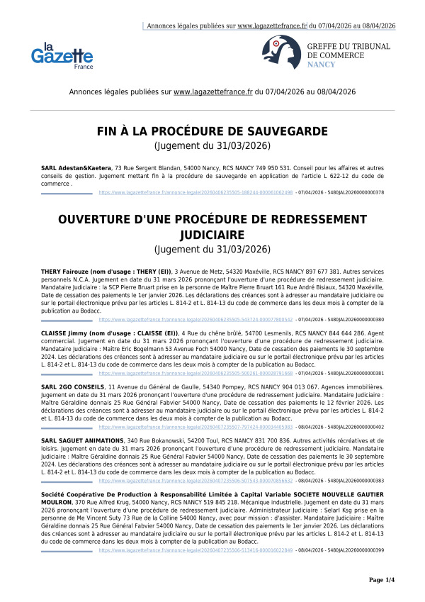 Annonces légales publiées du 07/04/2026 au 08/04/2026