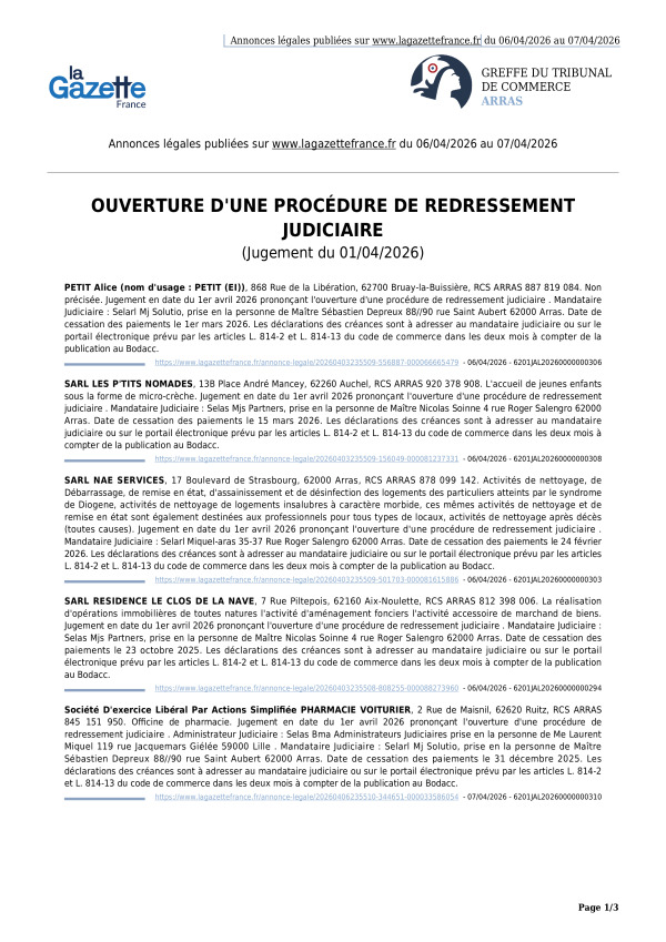 Annonces légales publiées du 06/04/2026 au 07/04/2026