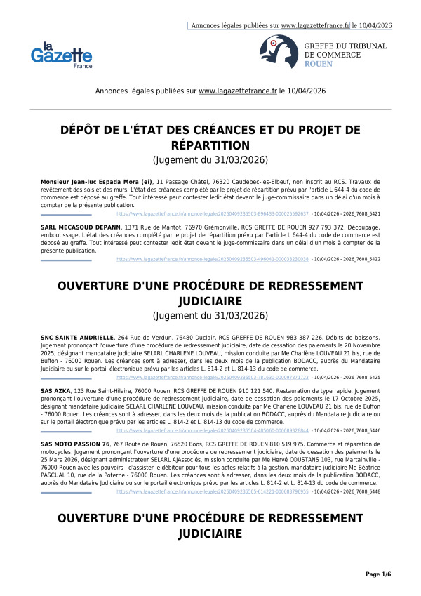 Annonces légales publiées le 10/04/2026
