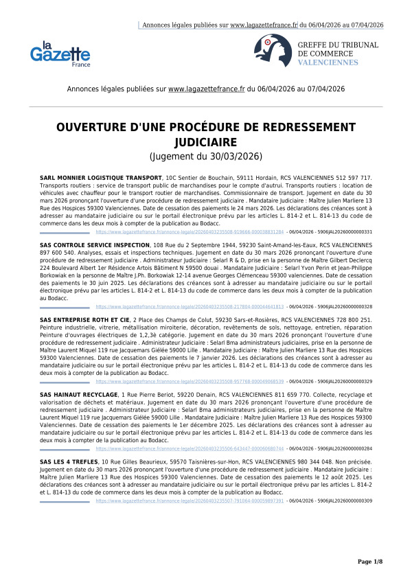 Annonces légales publiées du 06/04/2026 au 07/04/2026