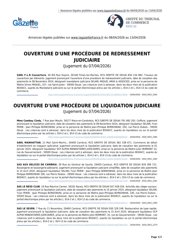 Annonces légales publiées du 08/04/2026 au 13/04/2026