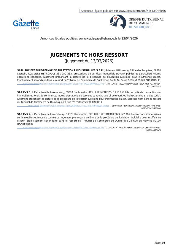 Annonces légales publiées le 13/04/2026
