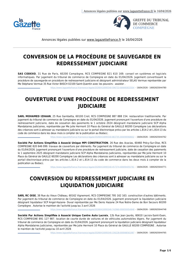 Annonces légales publiées le 16/04/2026