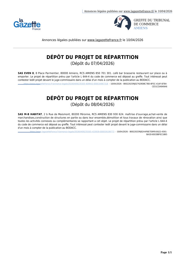 Annonces légales publiées le 10/04/2026