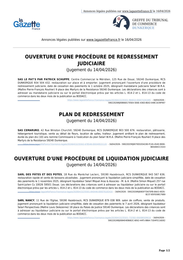 Annonces légales publiées le 16/04/2026