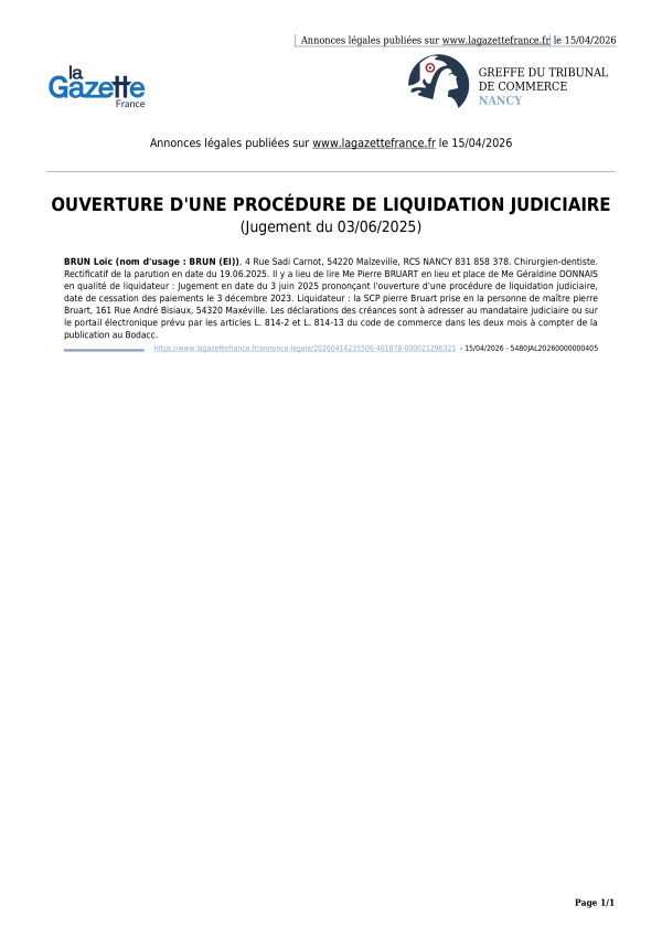 Annonces légales publiées le 15/04/2026