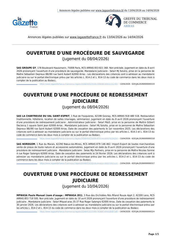 Annonces légales publiées du 13/04/2026 au 14/04/2026