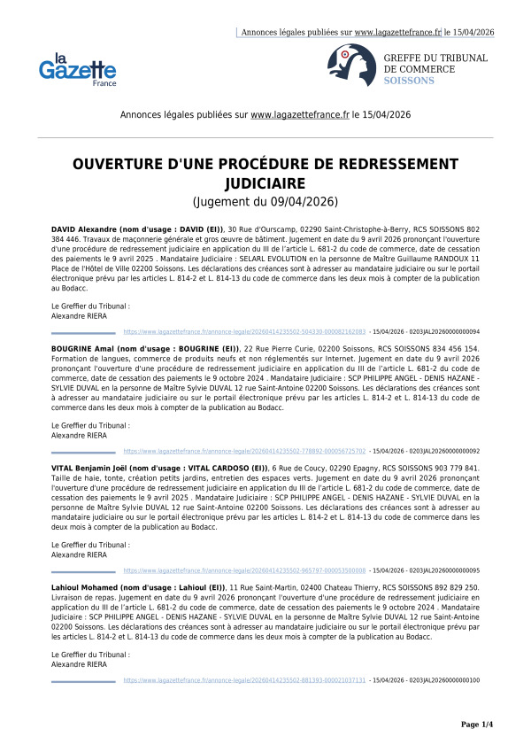 Annonces légales publiées le 15/04/2026
