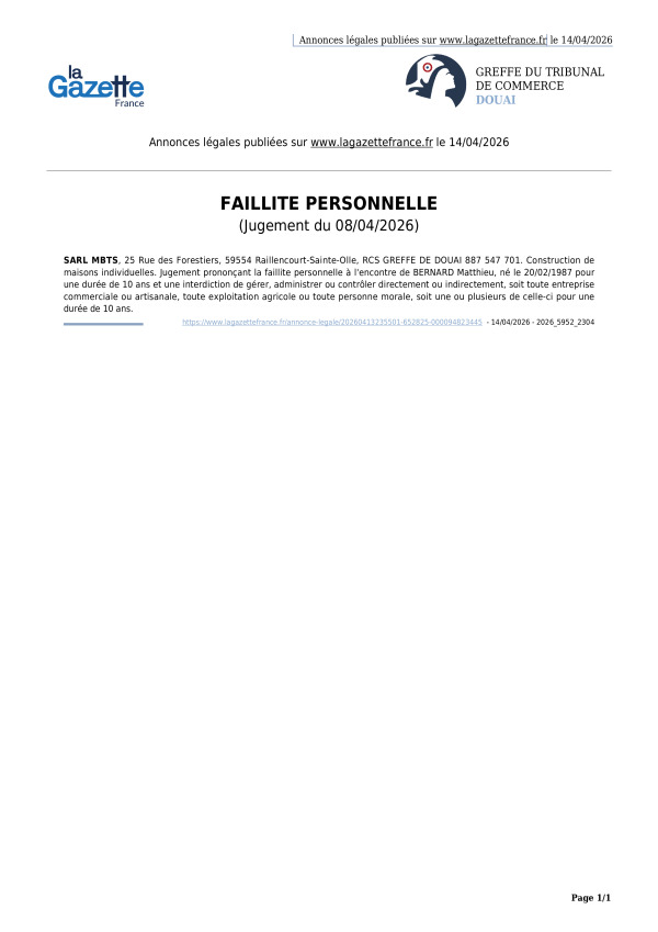 Annonces légales publiées le 14/04/2026