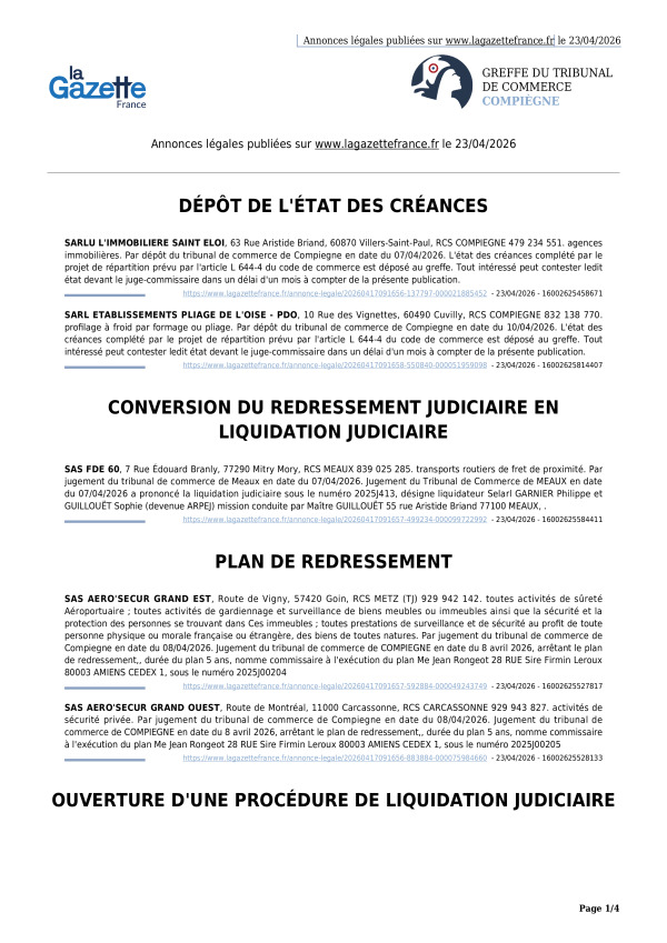 Annonces légales publiées le 23/04/2026