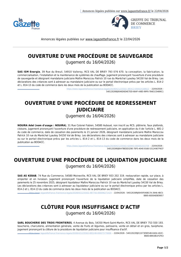 Annonces légales publiées le 22/04/2026