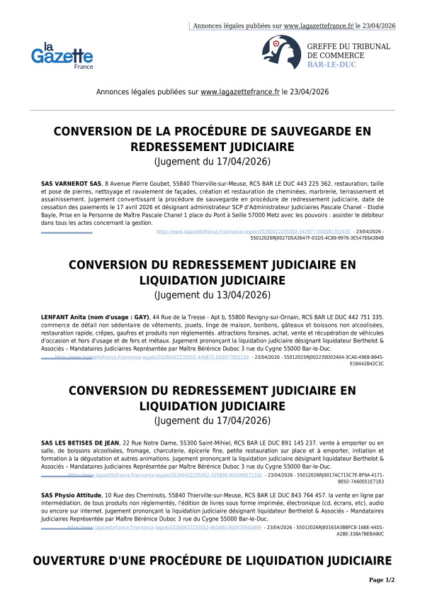 Annonces légales publiées le 23/04/2026
