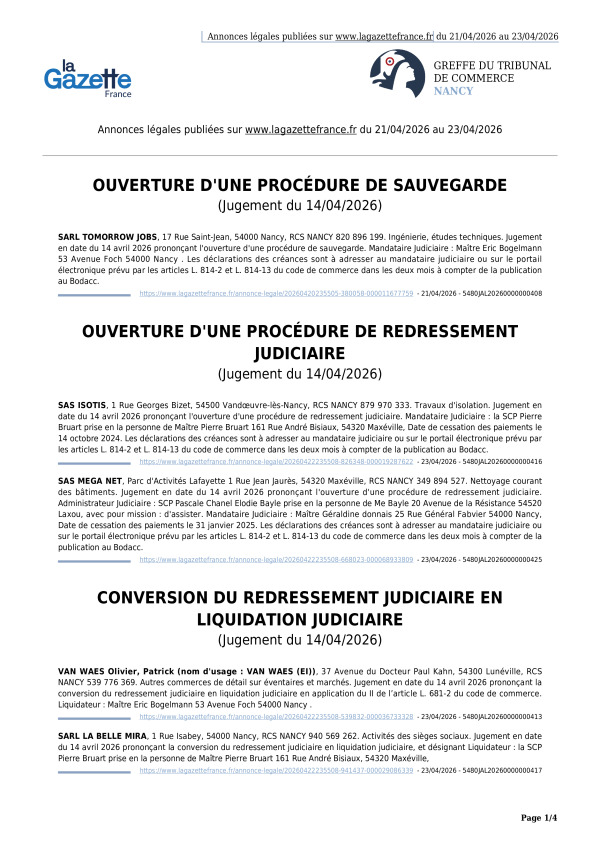 Annonces légales publiées du 21/04/2026 au 23/04/2026