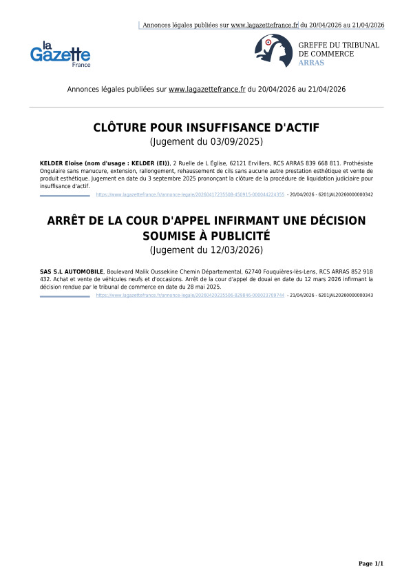 Annonces légales publiées du 20/04/2026 au 21/04/2026