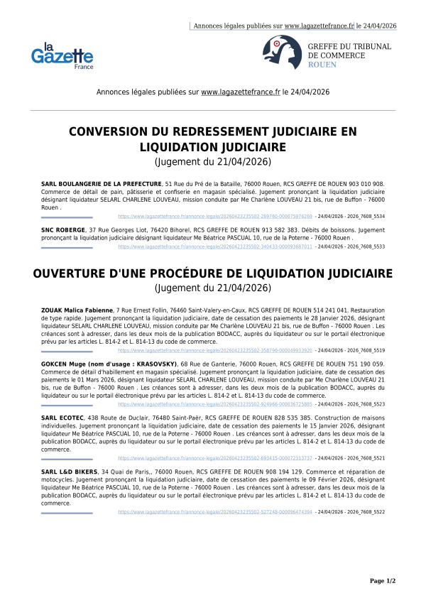 Annonces légales publiées le 24/04/2026
