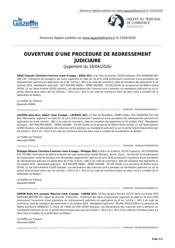 Annonces légales publiées le 23/04/2026