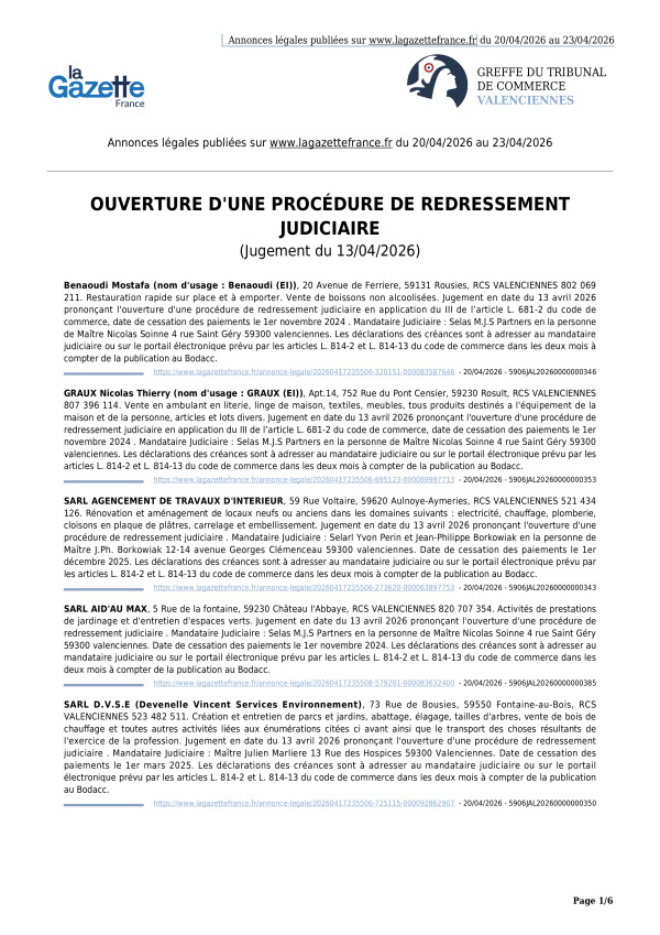 Annonces légales publiées du 20/04/2026 au 23/04/2026