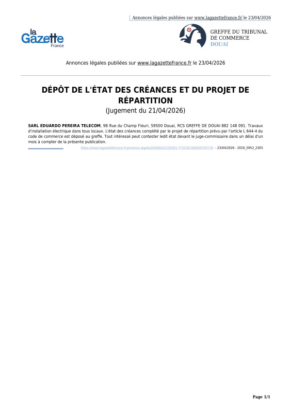 Annonces légales publiées le 23/04/2026