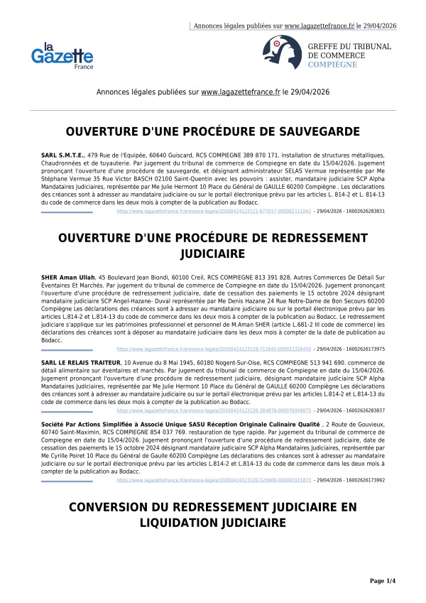 Annonces légales publiées le 29/04/2026