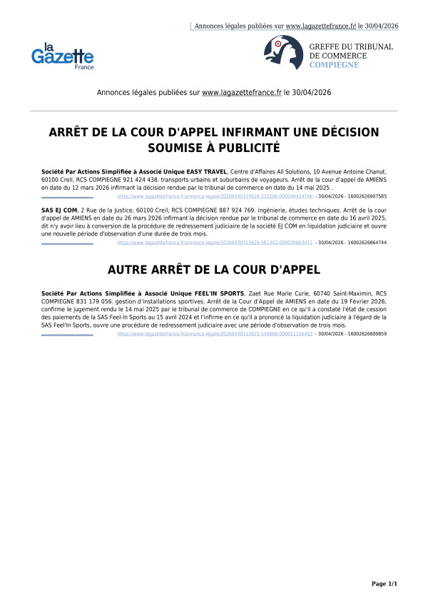 Annonces légales publiées le 30/04/2026